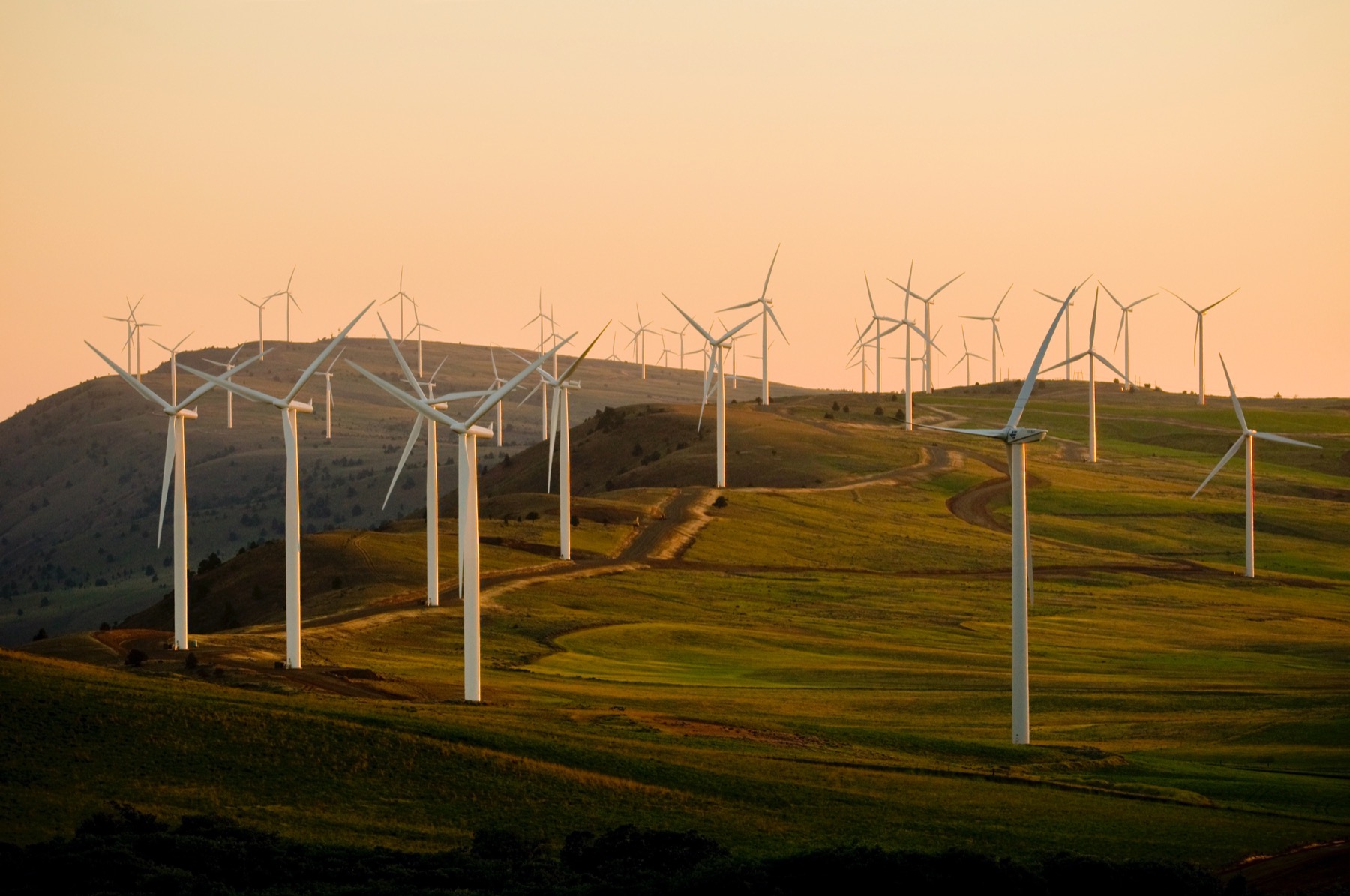 Wind turbines at sunset